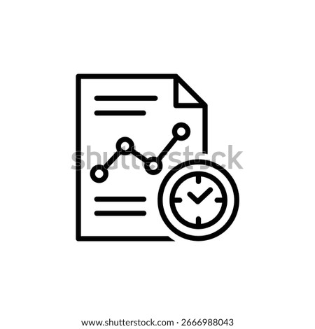 A line style icon of a paper document, stats, and time.