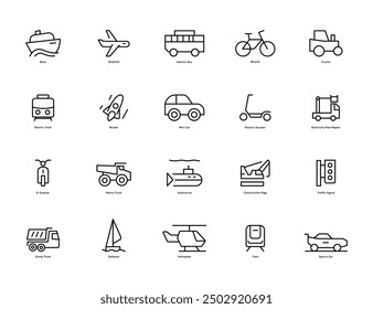 Line Style icon set. Boat, Air Plane, Bus, Rocket, Scooter, Truck, Submarine, Helicopter icon for apps and website