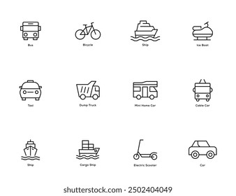 Line Style icon set. Bus, Bicycle, Ship, Ice Boat, Taxi, Home Car, Cable Car, Scooter icon for apps and website