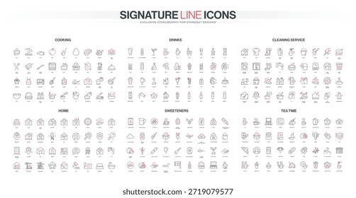El conjunto de iconos de estilo de línea cubre temas de cocina, bebidas, limpieza, hogar, edulcorantes y hora del té con objetos y utensilios detallados para diversos conceptos domésticos Ilustración vectorial aislada