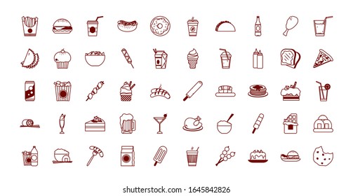 Line style icon set design, Eat fast food restaurant menu dinner lunch cooking and meal theme Vector illustration