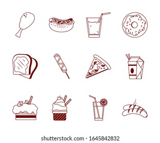 Line style icon set design, Eat fast food restaurant menu dinner lunch cooking and meal theme Vector illustration