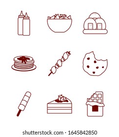 Diseño de conjunto de iconos de estilo línea, menú de comida rápida cena comida comida comida comida y comida tema de la comida Ilustración vectorial