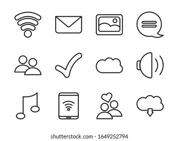 Diseño de conjunto de iconos de estilo de línea, comunicación multimedia de medios sociales marketing digital web y conexión tema Vector ilustración