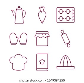 line style icon set design, Cook kitchen Eat food restaurant home menu dinner lunch cooking and meal theme Vector illustration