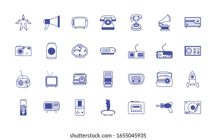 Line-Style-Icon-Set-Design, Retro-Freizeit-Entertainment-Entertainment beschneiden Digital-und Lifestyle-Vektorillustration-Illustration