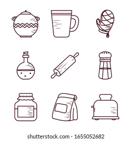 line style icon set design, Cook kitchen Eat food restaurant home menu dinner lunch cooking and meal theme Vector illustration