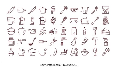 line style icon set design, Cook kitchen Eat food restaurant home menu dinner lunch cooking and meal theme Vector illustration
