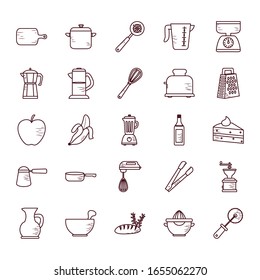 line style icon set design, Cook kitchen Eat food restaurant home menu dinner lunch cooking and meal theme Vector illustration