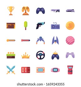 diseño de conjunto de iconos de estilo de línea, videojuego de videojuegos de ocio tecnología de entretenimiento obsesión digital y estilo de vida Tema Vector ilustración
