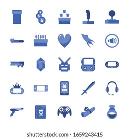 diseño de conjunto de iconos de estilo de línea, videojuego de videojuegos de ocio tecnología de entretenimiento obsesión digital y estilo de vida Tema Vector ilustración