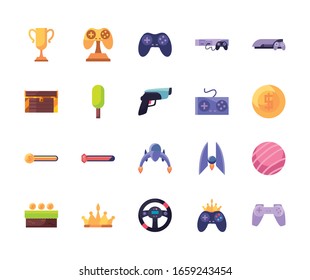 diseño de conjunto de iconos de estilo de línea, videojuego de videojuegos de ocio tecnología de entretenimiento obsesión digital y estilo de vida Tema Vector ilustración