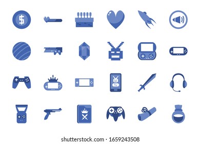 diseño de conjunto de iconos de estilo de línea, videojuego de videojuegos de ocio tecnología de entretenimiento obsesión digital y estilo de vida Tema Vector ilustración