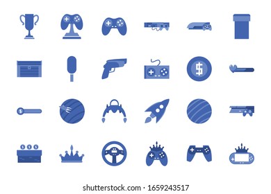 diseño de conjunto de iconos de estilo de línea, videojuego de videojuegos de ocio tecnología de entretenimiento obsesión digital y estilo de vida Tema Vector ilustración