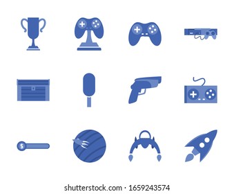 diseño de conjunto de iconos de estilo de línea, videojuego de videojuegos de ocio tecnología de entretenimiento obsesión digital y estilo de vida Tema Vector ilustración