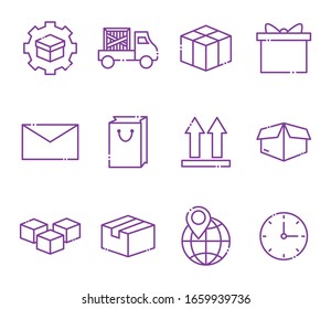 diseño de conjunto de iconos de estilo de línea, logística de entrega transporte almacén de servicios de envío industria y tema global Ilustración de vectores