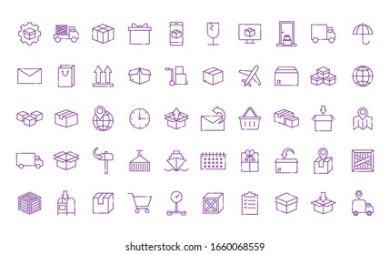 diseño de conjunto de iconos de estilo de línea, logística de entrega transporte almacén de servicios de envío industria y tema global Ilustración de vectores