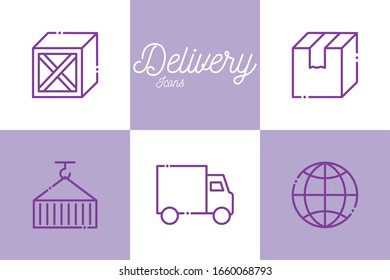 diseño de conjunto de iconos de estilo de línea, logística de entrega transporte almacén de servicios de envío industria y tema global Ilustración de vectores
