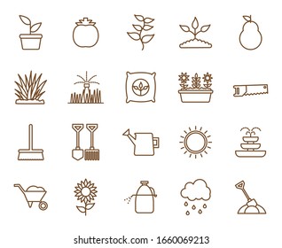 Line Style Icon Set Design, Gardening Garden Planting Nature Ecology Outdoors And Botany Theme Vector Illustration