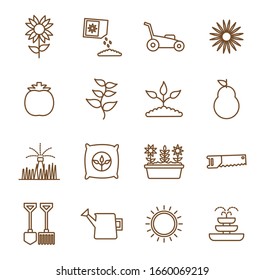 Strichsymbolset-Design, Gartenpflanzung im Freien und Vektorillustration-Illustration zum Thema Botanik