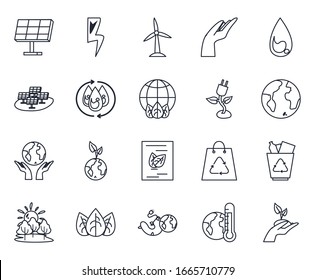 diseño de conjunto de iconos de estilo de línea, ecología ecológica guardar medio ambiente ecológico natural protección y cuidado tema Vector ilustración