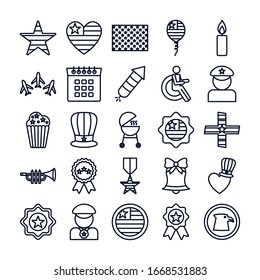 line style icon set design, Memorial day holiday patriotic freedom celebration independence veteran and patriotism theme Vector illustration