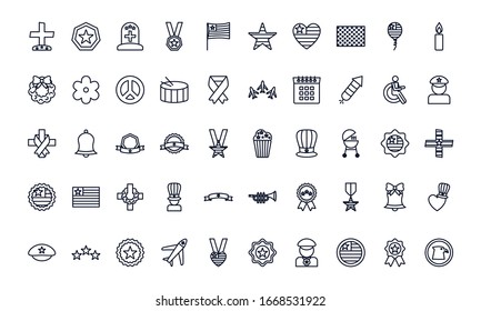 line style icon set design, Memorial day holiday patriotic freedom celebration independence veteran and patriotism theme Vector illustration