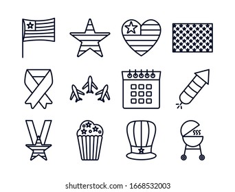 line style icon set design, Memorial day holiday patriotic freedom celebration independence veteran and patriotism theme Vector illustration