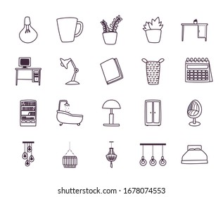 diseño de conjunto de iconos de estilo línea, decoración en el hogar edificio interior apartamento y tema residencial Ilustración vectorial