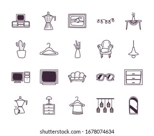 diseño de conjunto de iconos de estilo línea, decoración en el hogar edificio interior apartamento y tema residencial Ilustración vectorial
