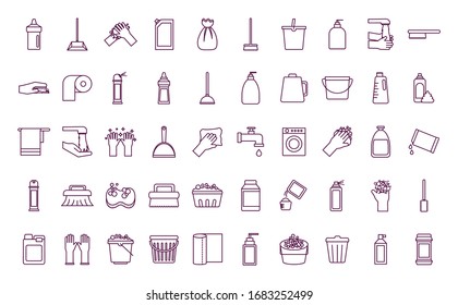 line style icon set design, Cleaning service items wash home hygiene equipment domestic interior housework and housekeeping theme Vector illustration