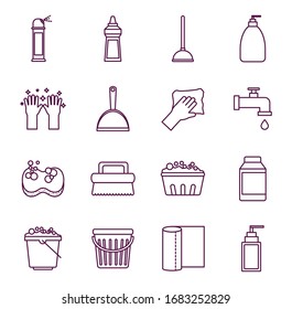line style icon set design, Cleaning service items wash home hygiene equipment domestic interior housework and housekeeping theme Vector illustration