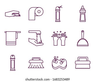 diseño de conjunto de iconos de estilo línea, artículos de servicio de limpieza lavar equipo de higiene en el hogar interior doméstico trabajo doméstico y mantenimiento del hogar Tema Vector ilustración