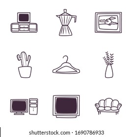 diseño de conjunto de iconos de estilo línea, decoración en el hogar edificio interior apartamento y tema residencial Ilustración vectorial
