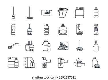 line style icon set design, Cleaning service wash home hygiene equipment domestic interior housework and housekeeping theme Vector illustration