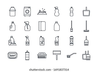 diseño de conjunto de iconos de estilo línea, servicio de limpieza lavado equipo de higiene en el hogar doméstico trabajo doméstico en el interior y mantenimiento del hogar Tema Vector ilustración