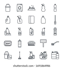 diseño de conjunto de iconos de estilo línea, servicio de limpieza lavado equipo de higiene en el hogar doméstico trabajo doméstico en el interior y mantenimiento del hogar Tema Vector ilustración