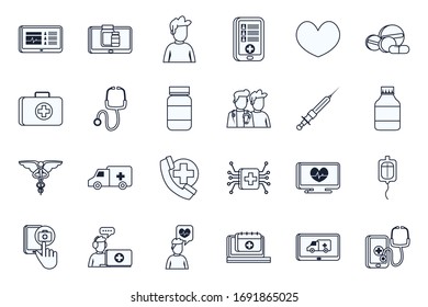 line style icon set design of Health online medical care emergency aid exam clinic and patient theme Vector illustration