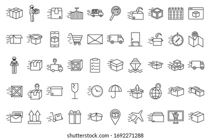 diseño de conjunto de iconos de estilo de línea, logística de entrega rápida transporte transporte almacén de servicios industria y tema global Ilustración de vectores