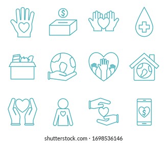 Line Style Icon Set Design Of Humanity Help Cooperation Together Unity Support Covid 19 2019 Community And Union Theme Vector Illustration