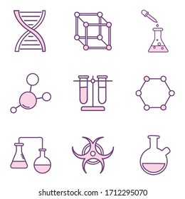 diseño de conjunto de iconos de estilo de línea, equipo de biología de la ciencia química de laboratorio de investigación y tema de prueba Ilustración vectorial