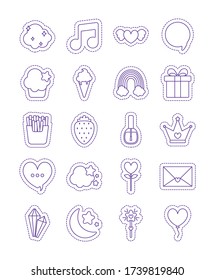 diseño de conjunto de iconos de estilo de línea, emoticono de expresión de parches de corte y tema infantil Ilustración vectorial