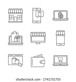 Line Style Icon Set Design Shopping Online Commerce und Markt Thema Vector Illustration