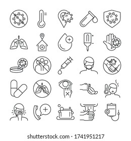 diseño de conjunto de iconos de estilo de línea de atención médica y tema de virus de la pantalla de vídeo de la pantalla