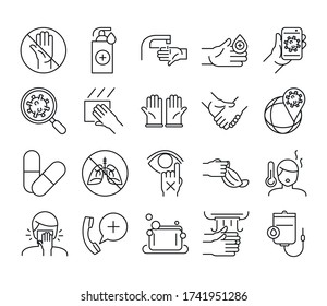 diseño de conjunto de iconos de estilo de línea de atención médica y tema de virus de la pantalla de vídeo de la pantalla