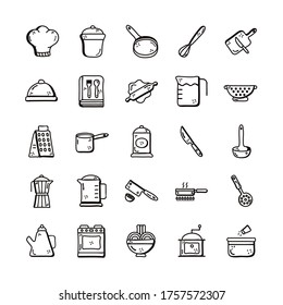 diseño de conjunto de iconos de estilo de línea, cocina de Cocina de Cocina y tema de alimentación Ilustración vectorial