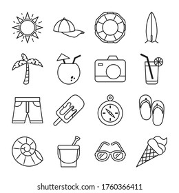 line style icon set design, Summer vacation tropical relaxation outdoor nature tourism relax lifestyle and paradise theme Vector illustration