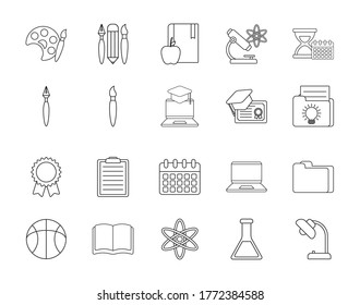 Diseño de conjunto de iconos de estilo de línea, enseñanza de clase universitaria de educación preescolar, aprendizaje de clase y tema primario Ilustración vectorial