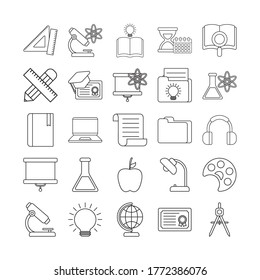 Line style icon set design, Eduaction school university class lesson knowledge preschooler study learning classroom and primary theme Vector illustration