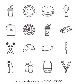 diseño de conjunto de iconos de estilo de línea, comida rápida comer restaurante y menú Tema Vector ilustración